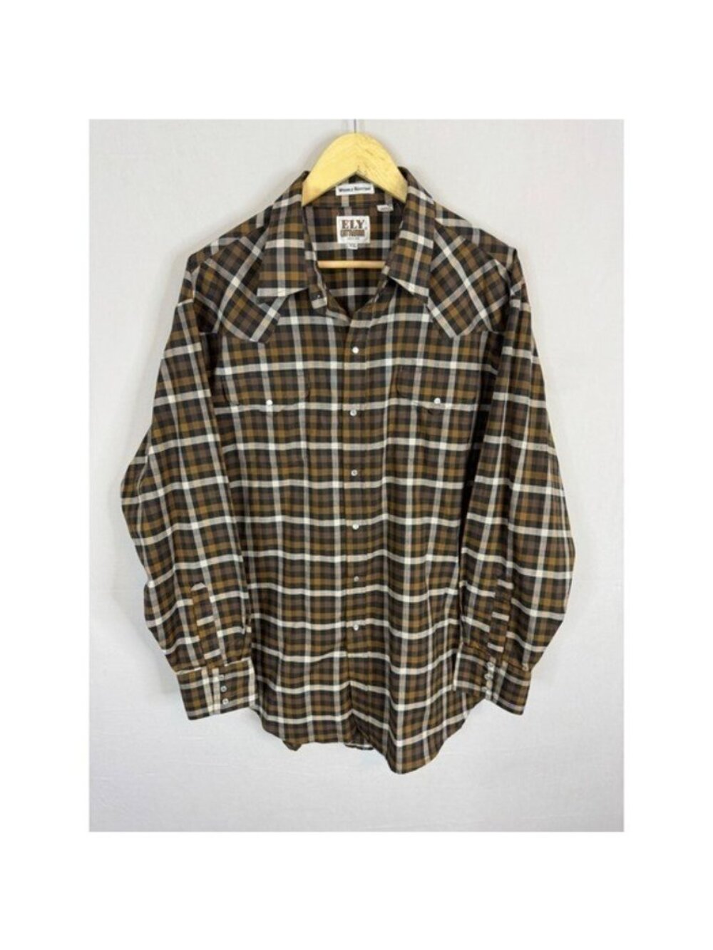 Ely Cattleman Mens XXL Brown Plaid Western Pearl Snap Shirt Wrinkle Resistant